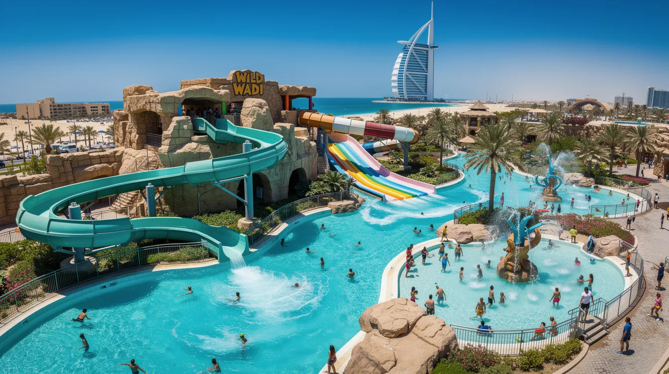 A imagem mostra o Wild Wadi, um famoso parque aquático localizado em Dubai, nos Emirados Árabes Unidos. O cenário inclui diversas toboáguas emocionantes, áreas de lazer com água e uma vista deslumbrante das montanhas ao fundo, proporcionando uma experiência divertida e refrescante em um dia ensolarado.