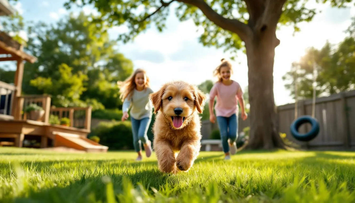 In a family backyard, a medium goldendoodle puppy with a fluffy teddy bear-like coat joyfully plays with children, showcasing its playful and loving personality. The scene captures the essence of a happy home environment filled with laughter and the joy of puppy ownership.