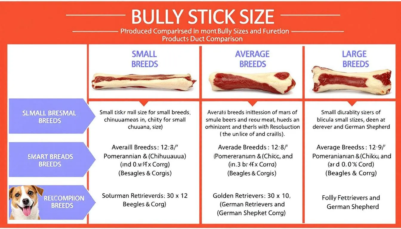 The image displays a comparison chart featuring various sizes of bully sticks suitable for different dog breeds, highlighting the importance of selecting the right chew treat to promote dental health and avoid choking hazards. Each size is labeled, showing how bully sticks can cater to the chewing habits of many dogs, ensuring they enjoy a healthy and satisfying treat.