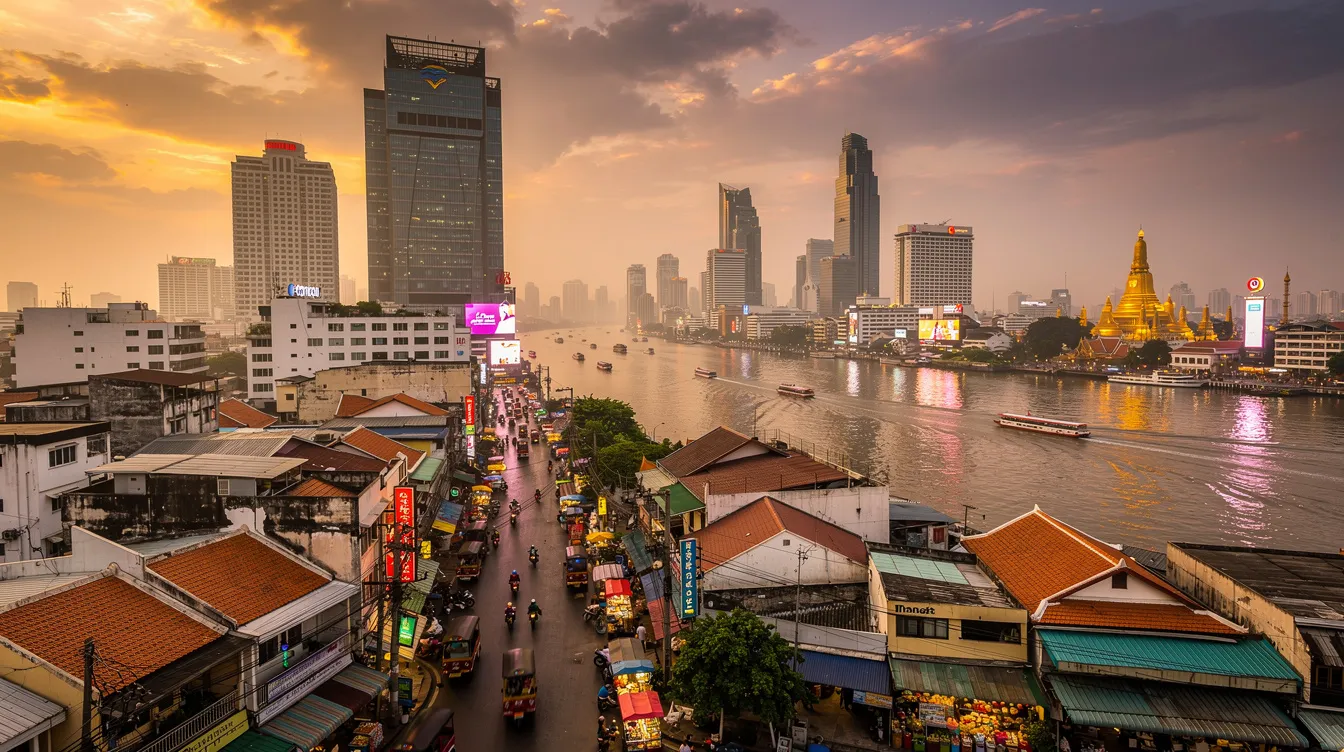 A imagem retrata a vibrante cidade de Bangkok, na Tailândia, com seus impressionantes arranha-céus e templos, como o Wat Phra Kaew e o Wat Arun, ao lado do Rio Chao Phraya. O cenário é enriquecido pela presença de tuk tuks e mercados flutuantes, representando a rica cultura e as opções de viagem no sudeste asiático.