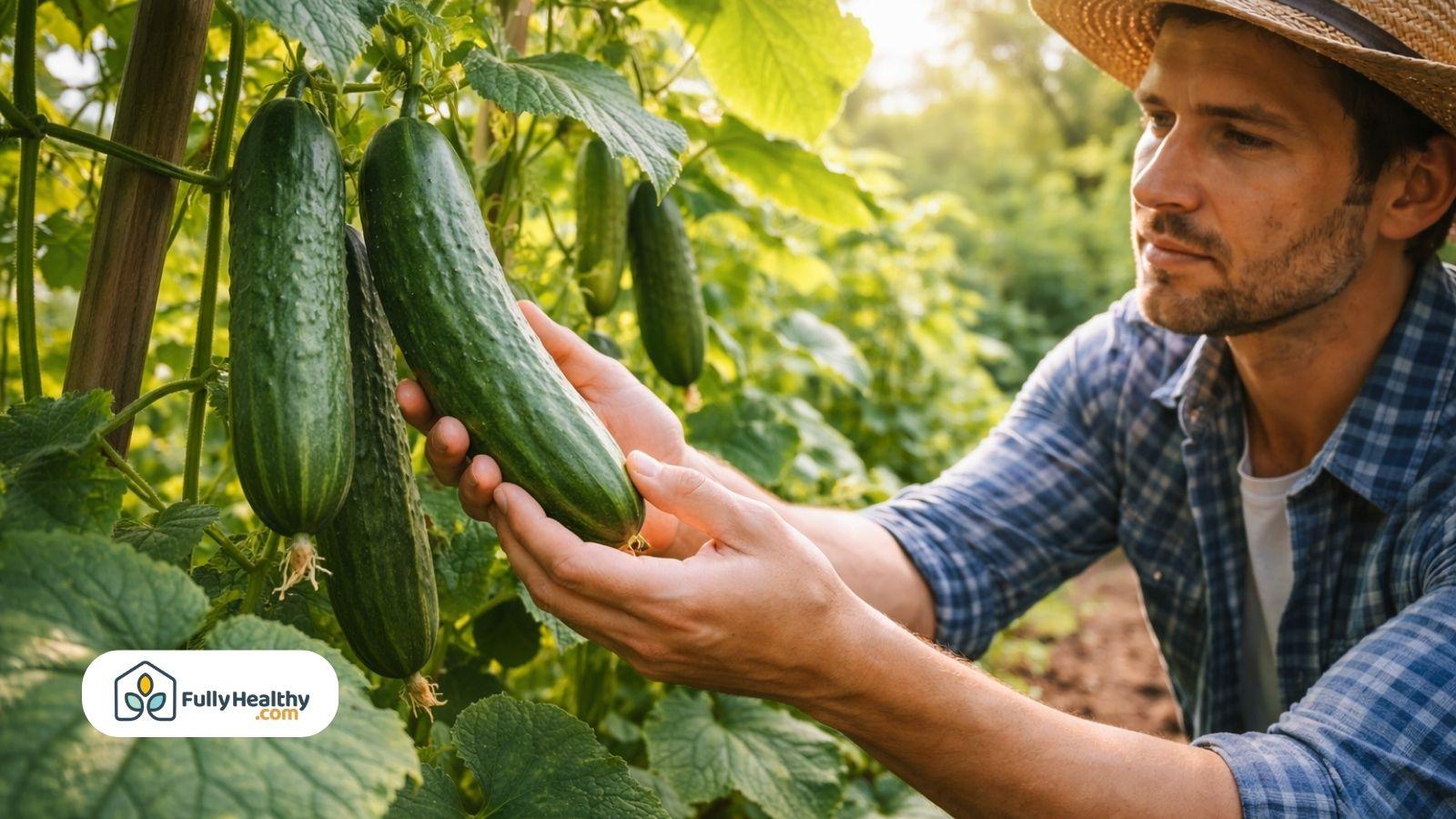 Gardener checking cucumber ripeness on vine in backyard vegetable garden