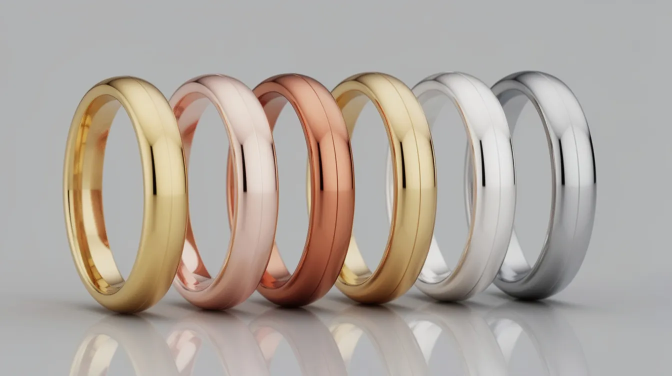 The image displays a collection of metal ring samples, showcasing a gradient from warm yellow gold to soft rose gold, and finally to cool platinum. This arrangement highlights the contrast and balance of different metal finishes, providing a visual interest that reflects various design preferences in home decor.
