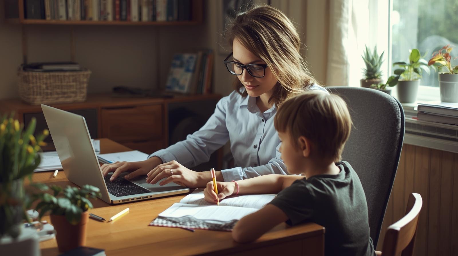 Parent multitasking with work and school responsibilities, showing seasonal stress in fall