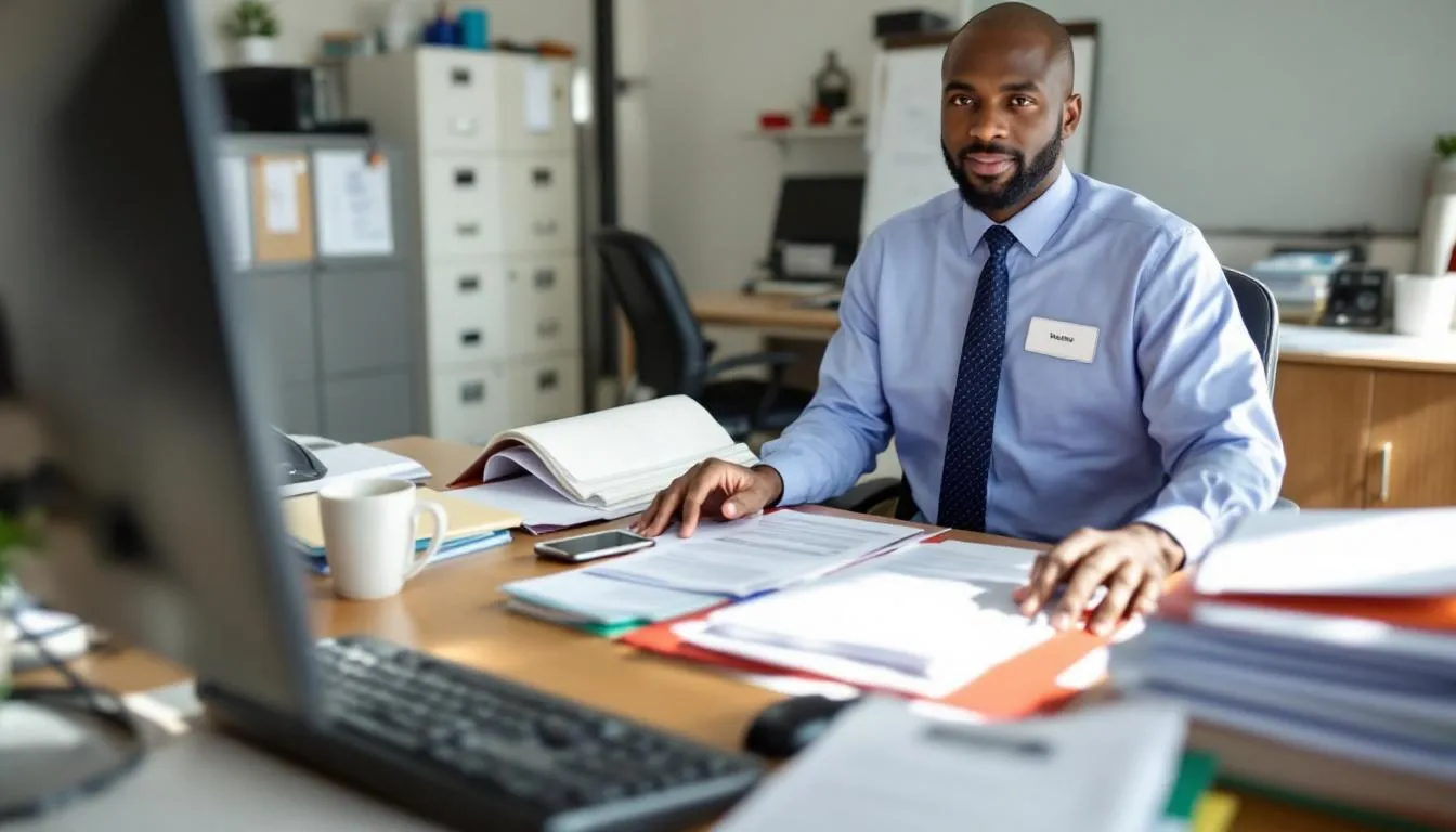Ein Mitarbeiter des Standesamts Mannheim bearbeitet Dokumente und Anträge, während er an einem Schreibtisch sitzt, um Paare bei der Eheschließung und der Terminvereinbarung zu unterstützen. Auf dem Tisch liegen verschiedene Unterlagen, wie Urkunden und Formulare, die für die Trauungen benötigt werden.