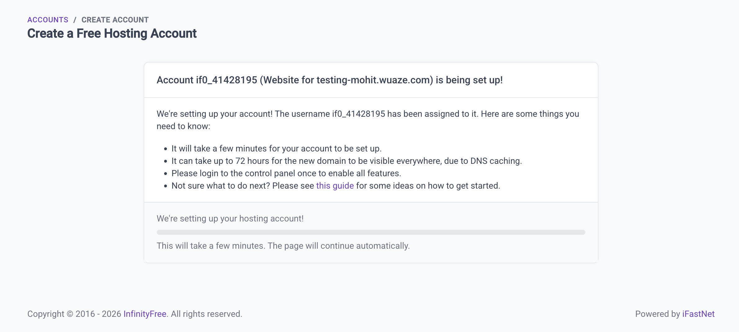 Account creation progress.