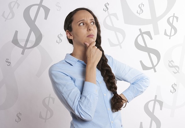 woman, thinking, money