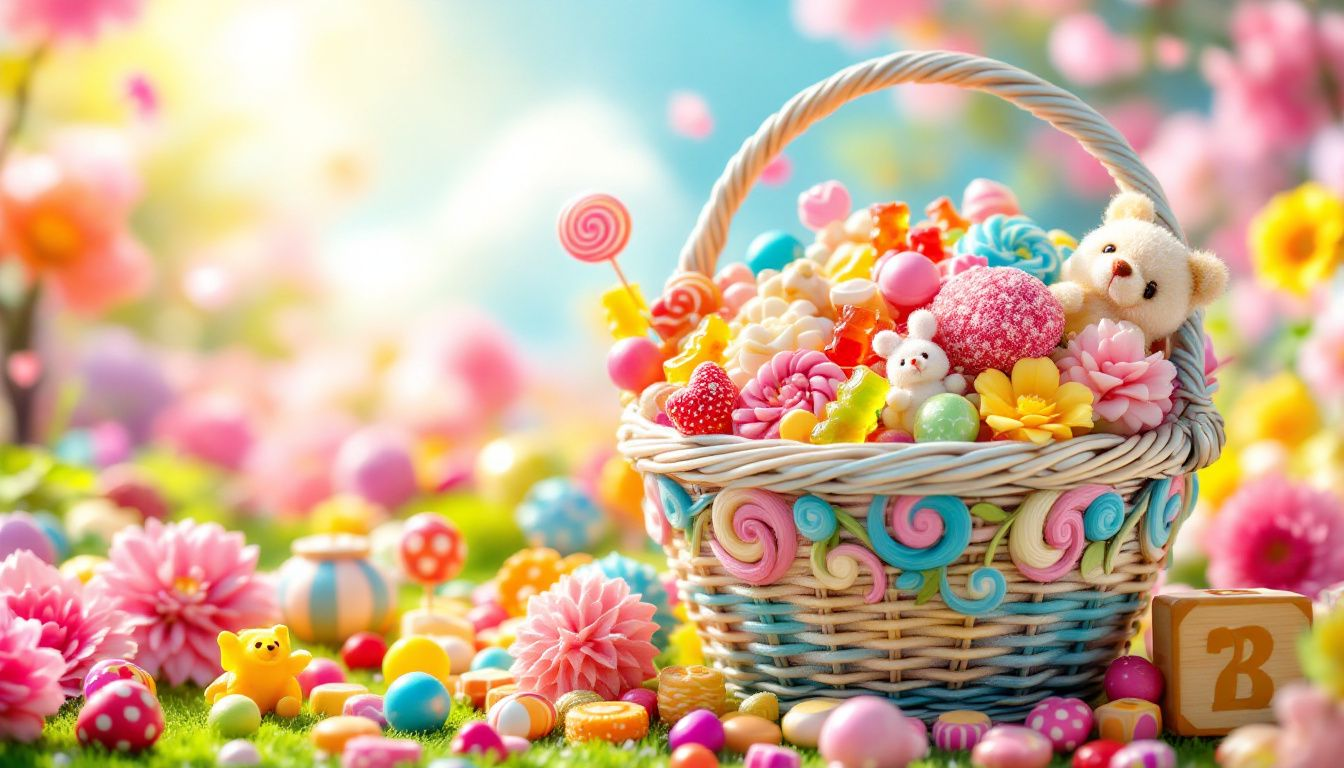 Kolorowy kosz ze słodyczami dla dzieci, pełen cukierków i zabawek.