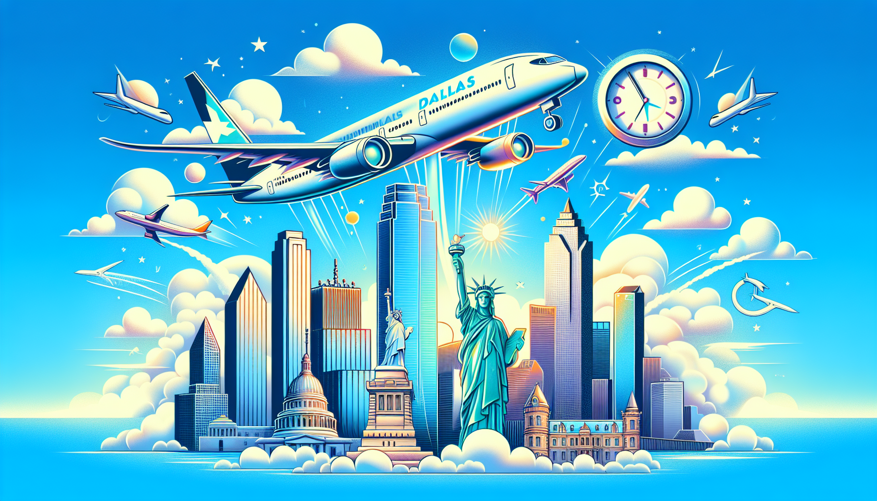 An illustration depicting the flight time from Dallas to NYC.