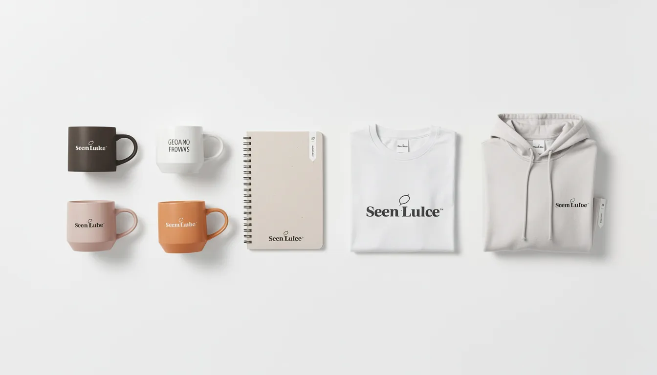 The image showcases an array of customized products, including mugs, notebooks, and apparel like t-shirts, all neatly arranged on a clean white surface, highlighting various personalization options for promotional items. This display reflects a vibrant selection ideal for small businesses looking to connect with potential customers through branded merchandise.