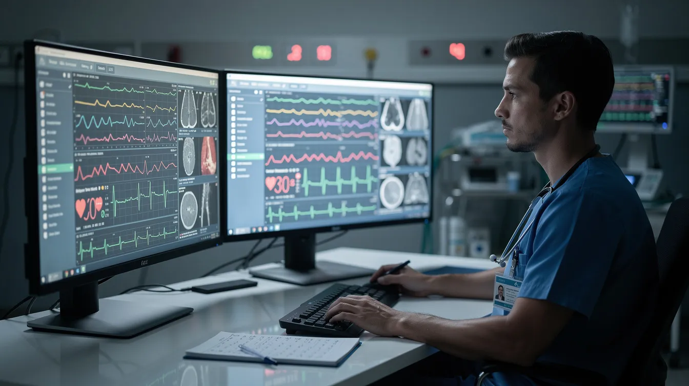 The image shows a medical professional, likely an associate professor, intently analyzing health data displayed across multiple computer monitors, which may include information relevant to aging research and clinical trials. The environment suggests a focus on longevity research, potentially involving insights into chronic diseases and neurodegenerative conditions like Alzheimer&rsquo;s disease.