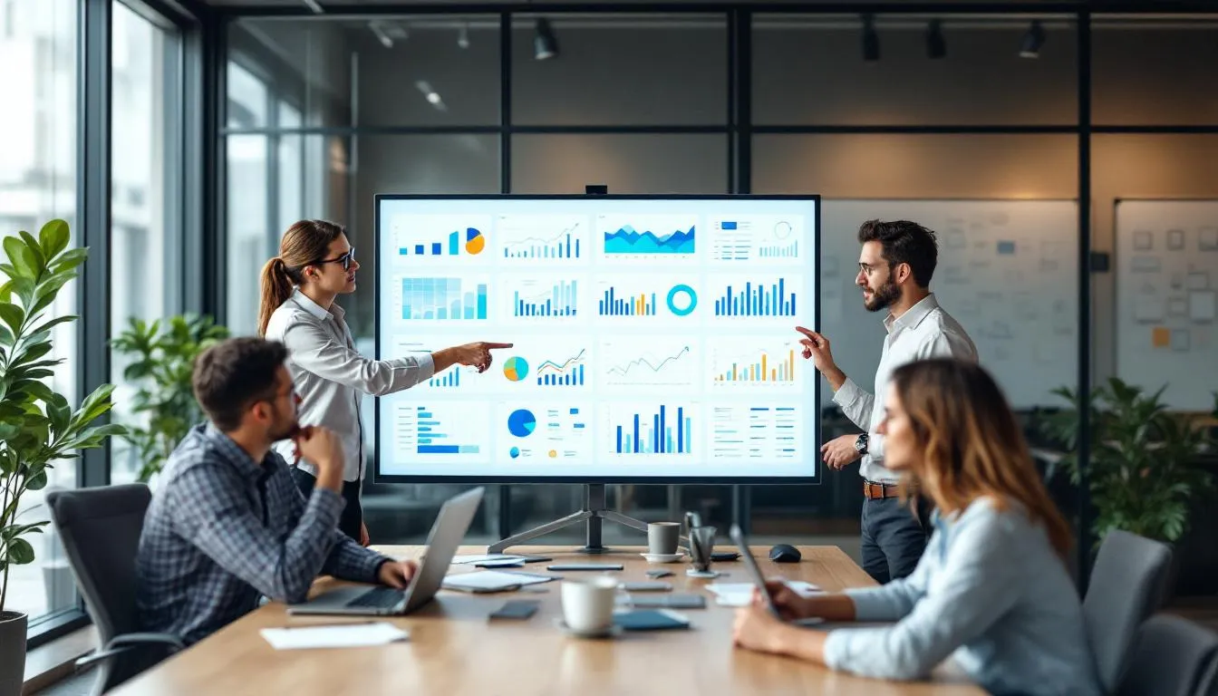 Na obrazku zespół pracowników analizuje dane na ekranie, na którym wyświetlane są wykresy i tabele, co wspiera procesy biznesowe w przedsiębiorstwie. Używają narzędzi z zakresu Microsoft Dynamics 365, aby poprawić wydajność i zarządzanie zasobami przedsiębiorstwa.