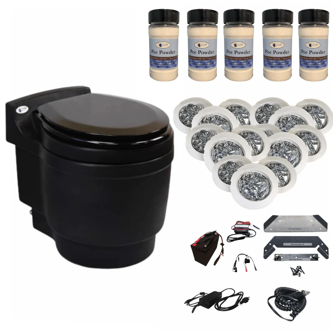 Black Laveo Dry Flush Toilet with accessories
