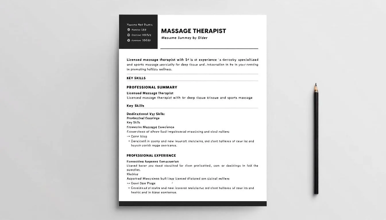 The image showcases a well-designed massage therapist resume summary, highlighting key skills and experiences relevant to the massage therapy field, such as deep tissue techniques and client care. It visually emphasizes the professional qualities of a certified massage therapist, making it appealing for hiring managers in the wellness industry.