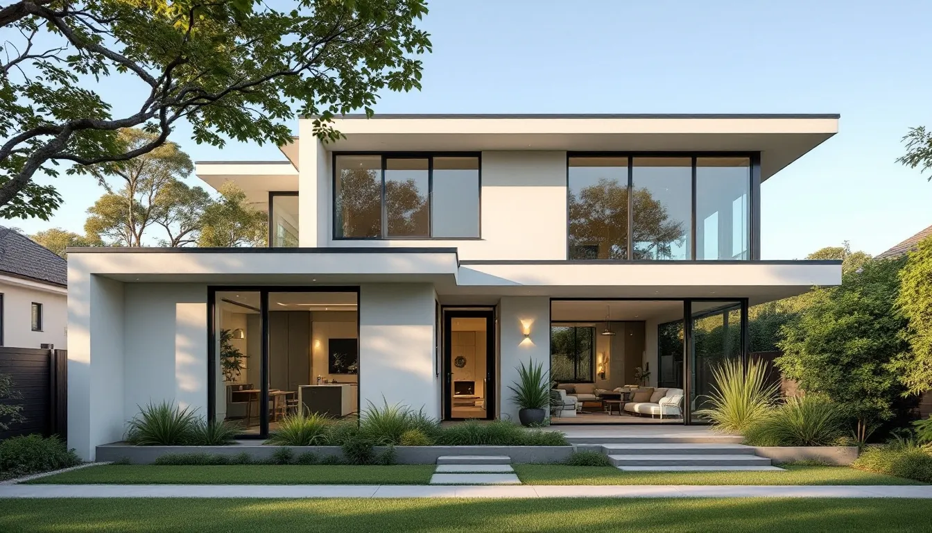 Een moderne woning met energiezuinige aluminium deuren en ramen, die een luxe uitstraling heeft. De aluminium kozijnen zijn maatwerk en zorgen voor een strakke afwerking van de gevel, waarbij ook de verschillende soorten deuren en ramen perfect op elkaar zijn afgestemd.