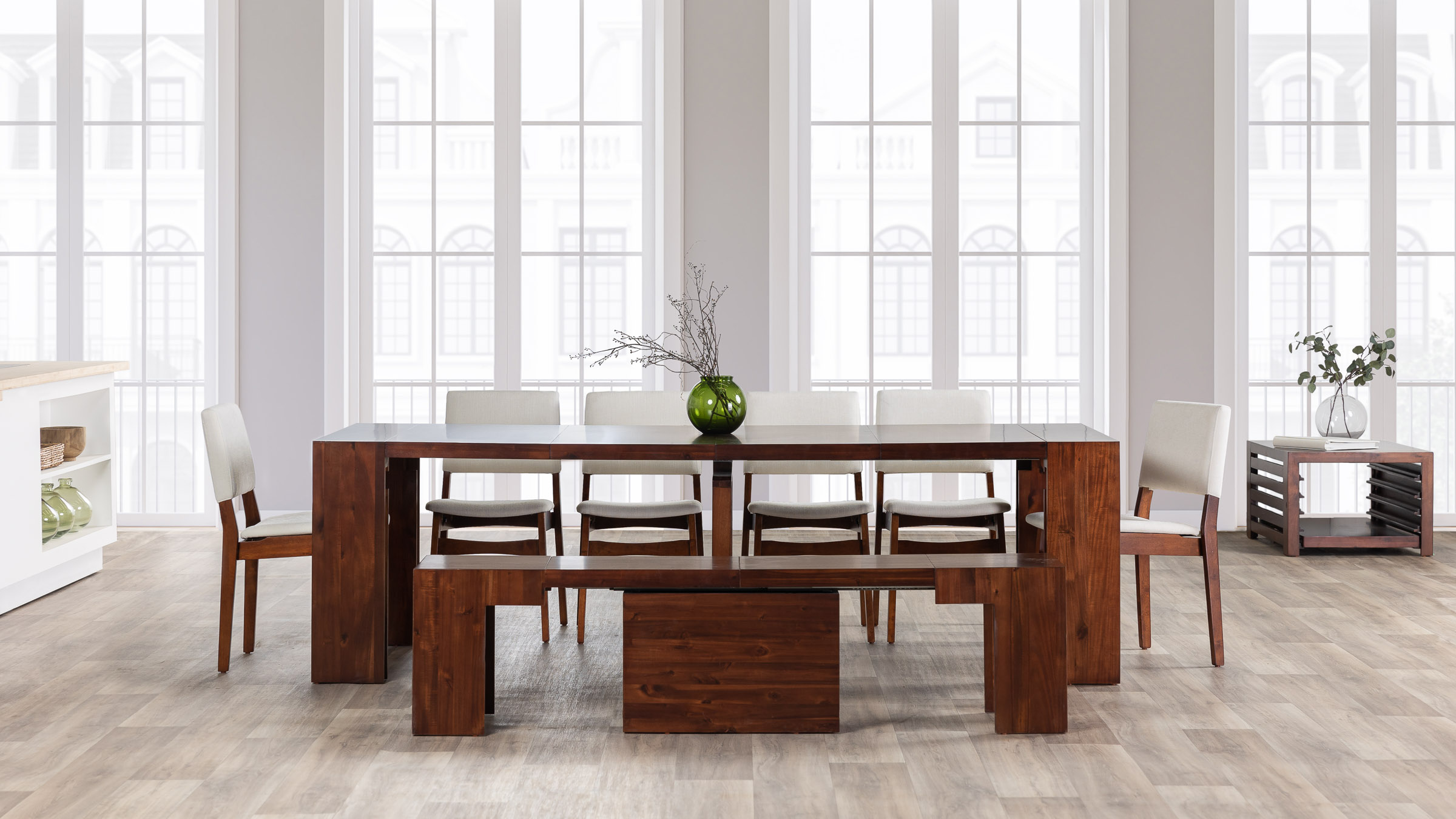 A fully extended adjustable dining table.