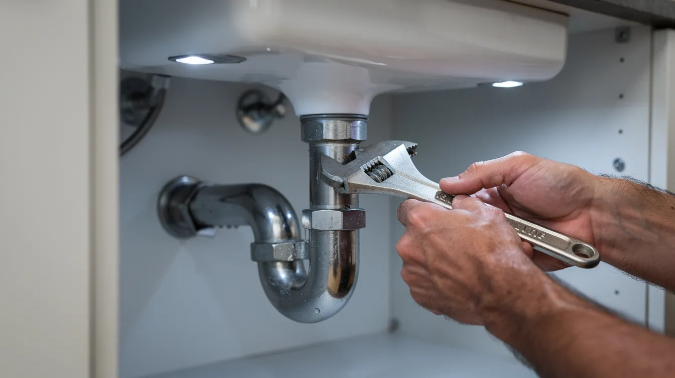 A close-up image shows a plumber's hands skillfully using a wrench to tighten a pipe fitting under a kitchen sink, highlighting the precision and care involved in plumbing services. This scene emphasizes the importance of professional plumbing to prevent costly repairs and ensure a reliable plumbing system.