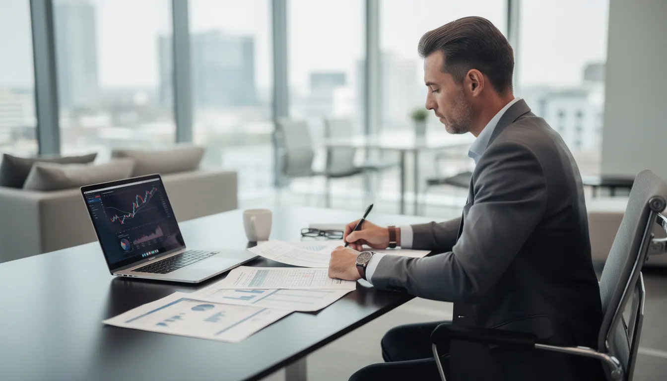 Przedsiębiorca siedzi przy biurku w nowoczesnym biurze, analizując dokumenty finansowe związane z płynnością finansową swojej firmy. Na stole leży faktura, a w jego rękach znajduje się umowa faktoringu, co sugeruje, że rozważa skorzystanie z faktoringu odwrotnego dla lepszych warunków handlowych z dostawcami.