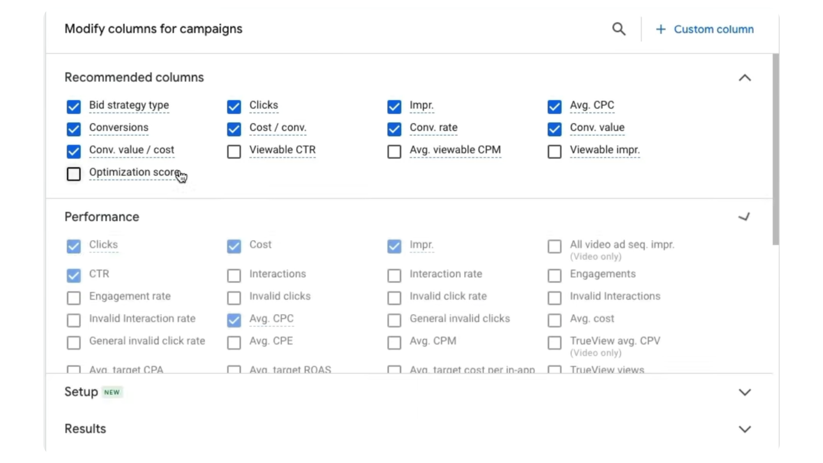 A snapshot of available Google Ads metrics.