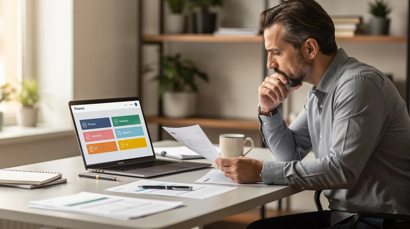 A small business owner sits at a desk, reviewing documents while looking thoughtfully at a laptop screen displaying various task categories. This scene illustrates the importance of effective delegation, as the owner considers how to assign specific tasks to team members to enhance productivity and ensure the business grows successfully.