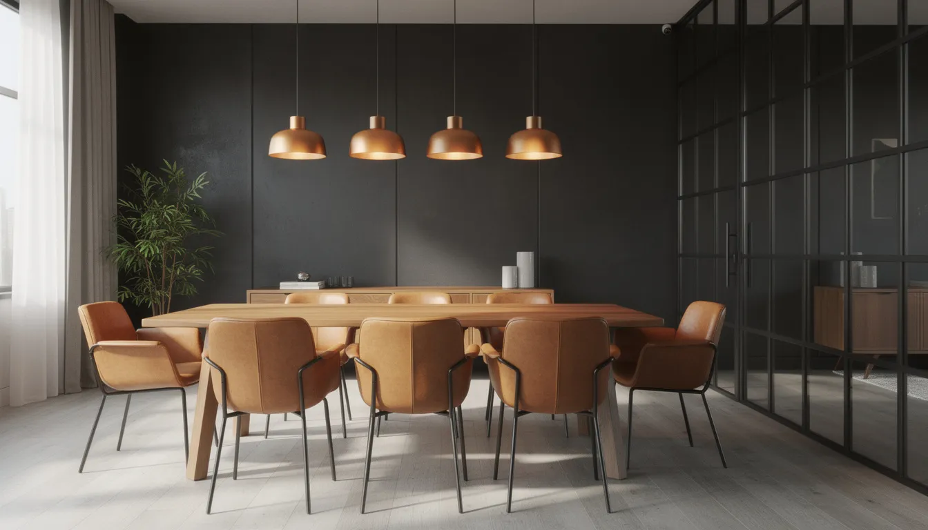 Een sfeervolle eetkamer met een donkere stalen wand, massief eiken eettafel en cognackleurige leren stoelen, verlicht door warme hanglampen. De combinatie van de stalen wandpanelen en het hout creëert een moderne en gezellige uitstraling.