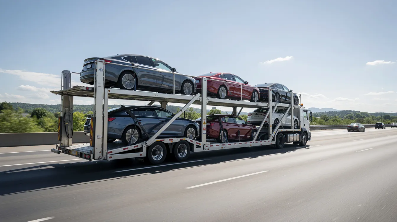An open car carrier truck is transporting multiple vehicles along a sunny highway, showcasing various cars including pickup trucks and classic cars. This scene highlights the convenience of door to door auto transport services, ensuring safe and efficient vehicle shipping.