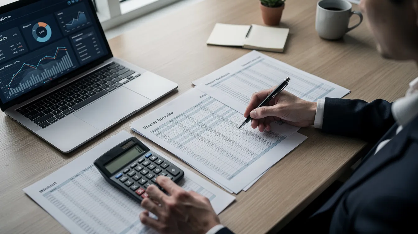 The image shows a person sitting at a desk, carefully reviewing financial documents alongside a calculator and a laptop, suggesting they are assessing their options for a loan application or evaluating their credit report. The scene conveys a sense of focus on financial planning, possibly related to online loans or personal loan assessments.