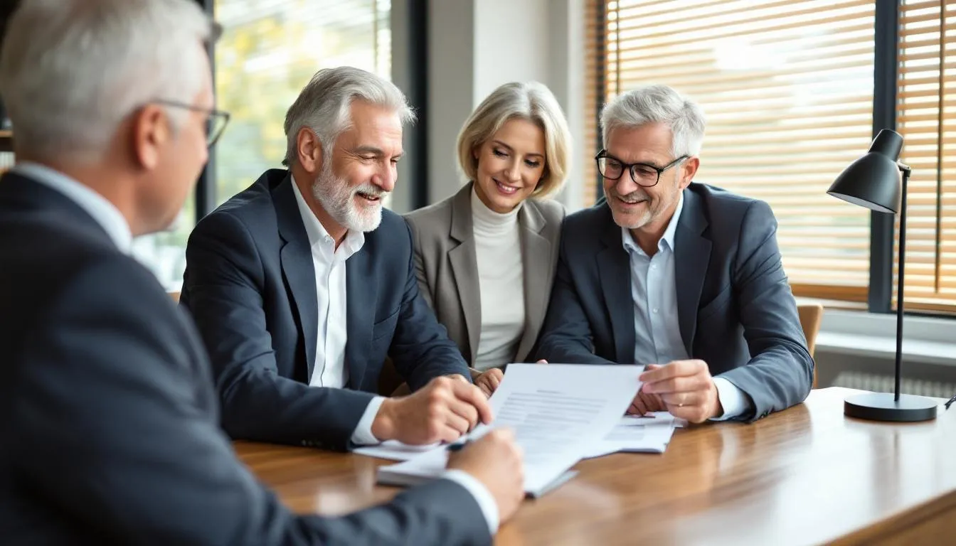 A senior couple is seated at a table with a financial advisor, reviewing important retirement documents that discuss various options for retirement savings, including fixed annuities and the benefits of guaranteed income. The atmosphere is focused, as they engage in a critical evaluation of their financial future and retirement planning strategies.