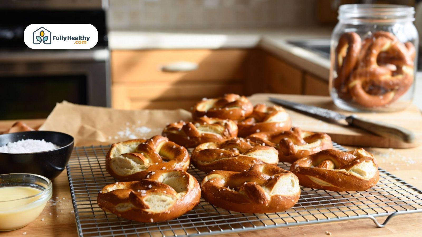 Freshly baked homemade pretzels cooling on wire rack in bright home kitchen.