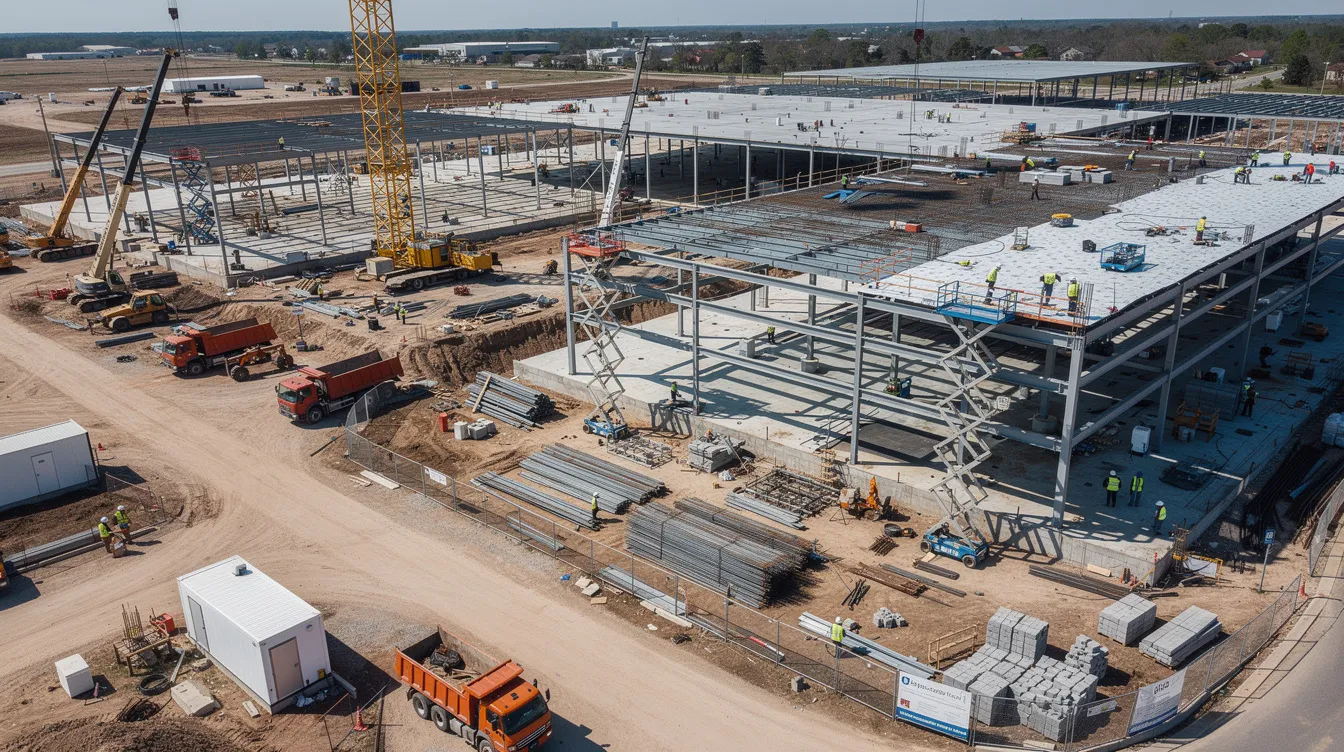 An aerial view captures a bustling commercial construction site, showcasing multiple active trade crews and heavy equipment engaged in the construction process. This scene highlights the importance of effective risk management strategies in the construction industry, as project managers oversee the various activities to mitigate potential risks and ensure the project's success.