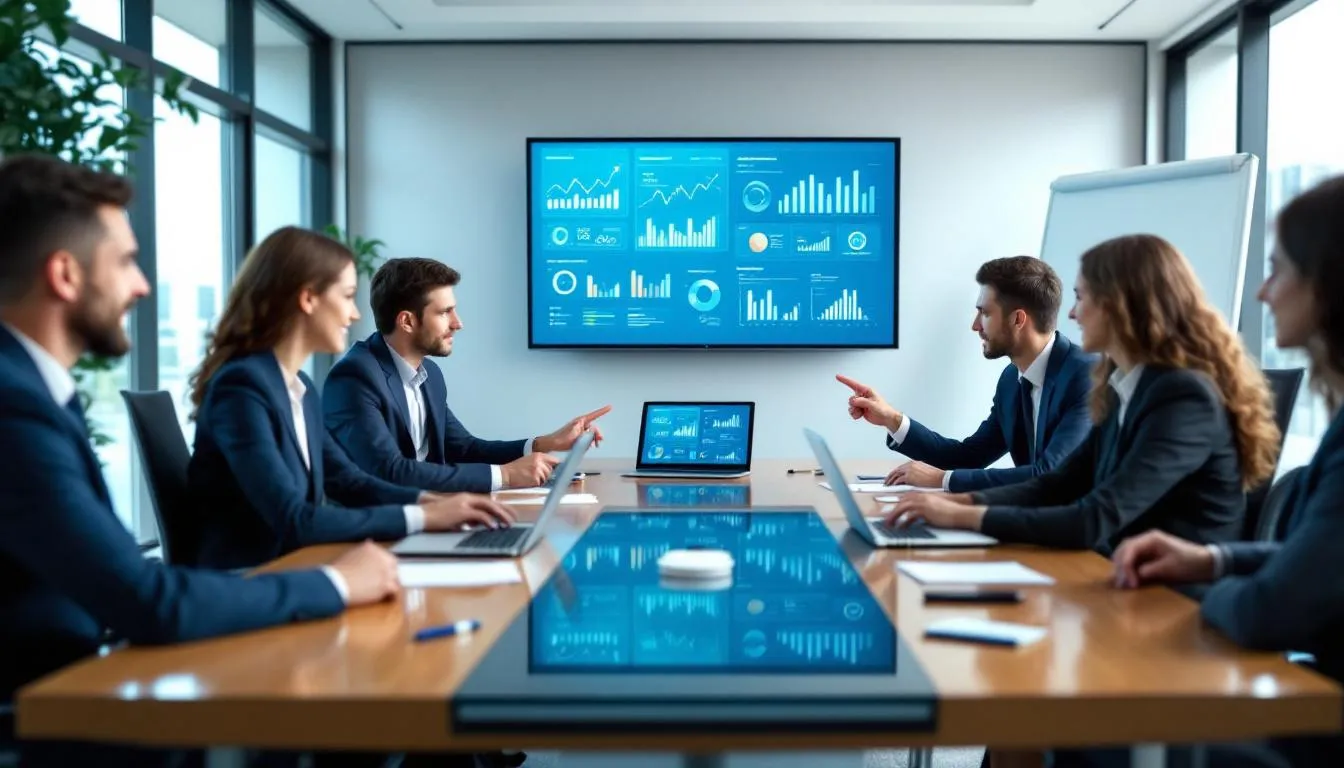 In the image, a group of business professionals collaborates around a conference table, engaged in discussions while using laptops and tablets that display various data analytics dashboards. The scene highlights the use of advanced analytics capabilities and data visualization tools, emphasizing teamwork in analyzing data for effective decision-making.
