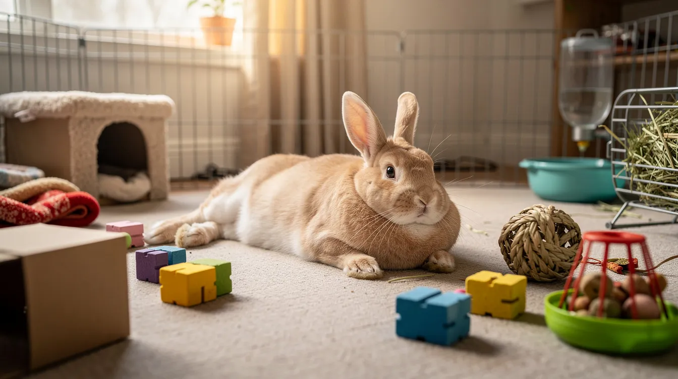 A fluffy rabbit is lounging comfortably in an indoor pen, surrounded by colorful enrichment toys that encourage playful antics. This adorable critter is a great choice for apartment living, as rabbits can be quiet companions and require minimal space.