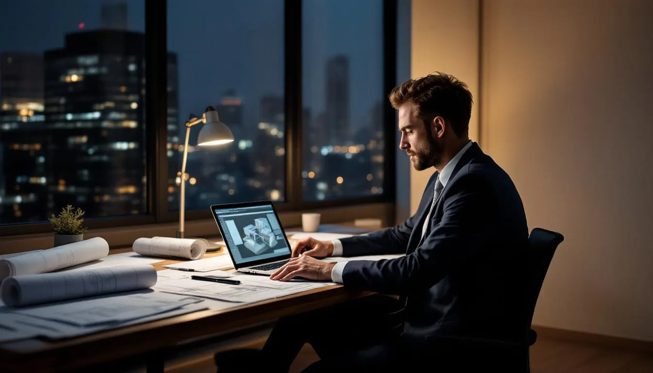 An architect is working late at night at their office, surrounded by plans and blueprints spread across the desk, demonstrating a commitment to effective business practices and the well-being of their projects. The dim lighting highlights their focused effort as they strive to create innovative designs that meet regulatory requirements and client expectations.