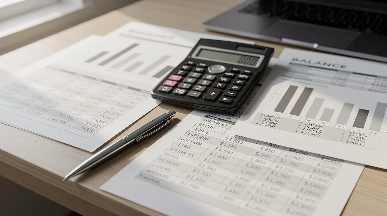0f570cb7 b47c 484b b752 923f17c69a59 The image depicts a cluttered office desk featuring financial documents, a calculator, and a pen, symbolizing the assessment of a company's financial health and repayment capacity for business loans. The arrangement suggests a focus on managing cash flow and preparing for loan approval, highlighting the importance of understanding debt service coverage ratios and financial statements in addressing current debt obligations.