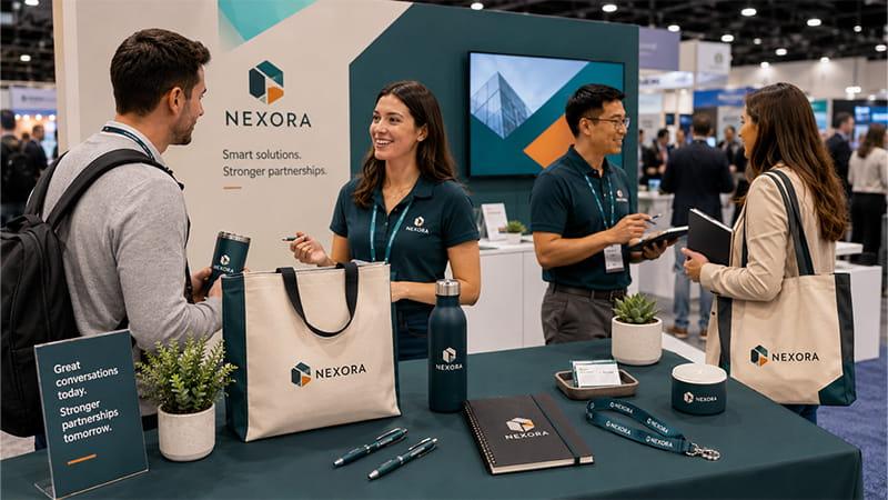 Trade show booth scene with branded tote bags, bottles, notebooks, and promotional accessories for attendee engagement.