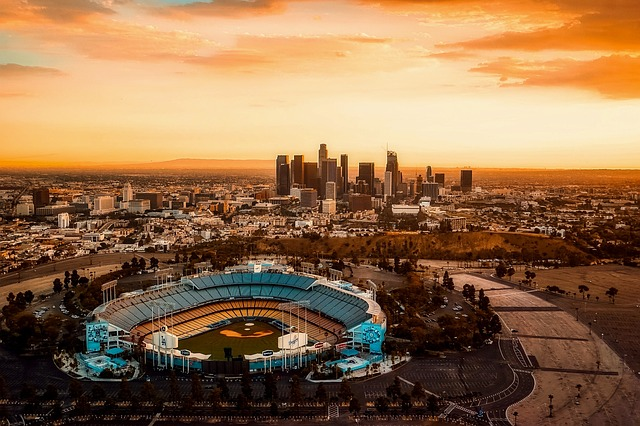 los angeles, california and dodger stadium from the sky