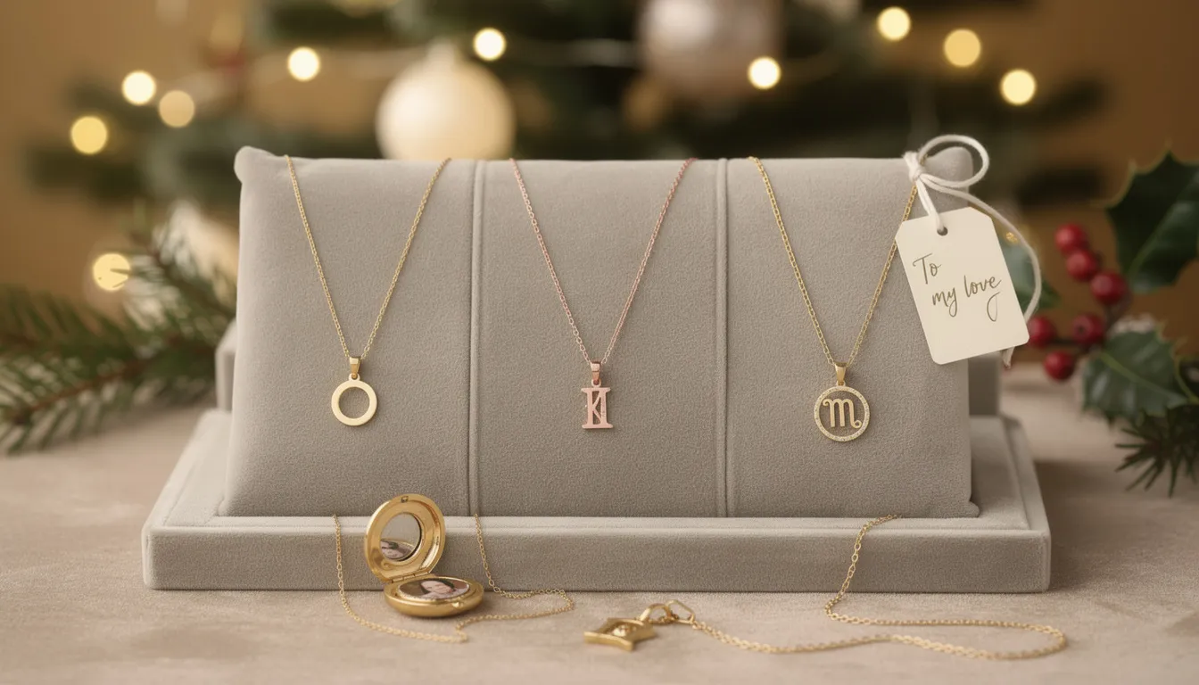 The image showcases a collection of elegant Christmas necklaces, featuring simple chains and beautiful pendants in rose gold and gold. These timeless pieces are designed to be cherished and make perfect gifts for the festive season, adding a touch of sophistication to any outfit.