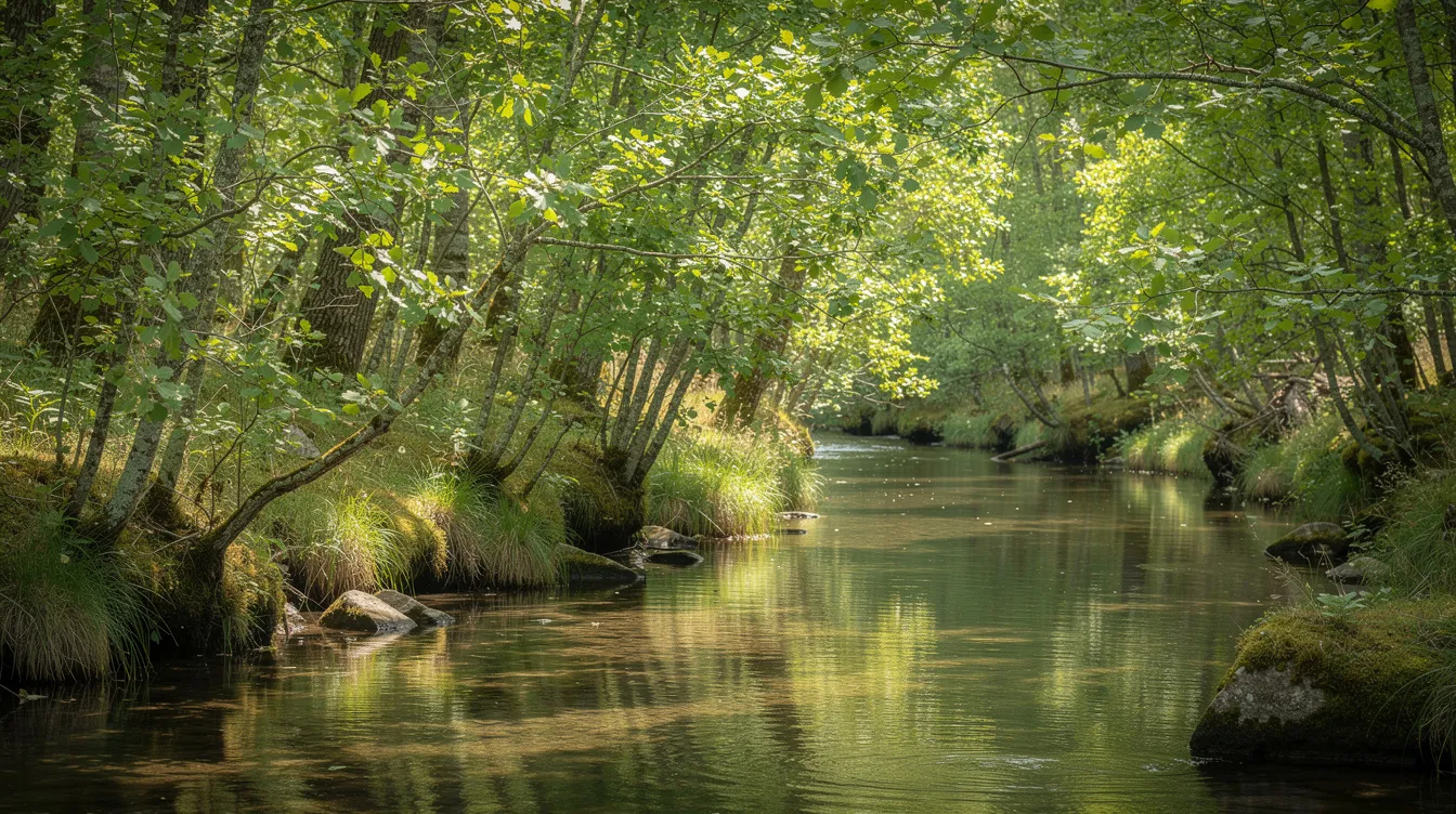The image depicts a cluster of alder trees, known for their nitrogen fixing abilities, growing along a stream bank. Their vibrant green leaves reflect in the water, highlighting the trees' role in improving soil fertility and supporting diverse plant life in the surrounding ecosystem.
