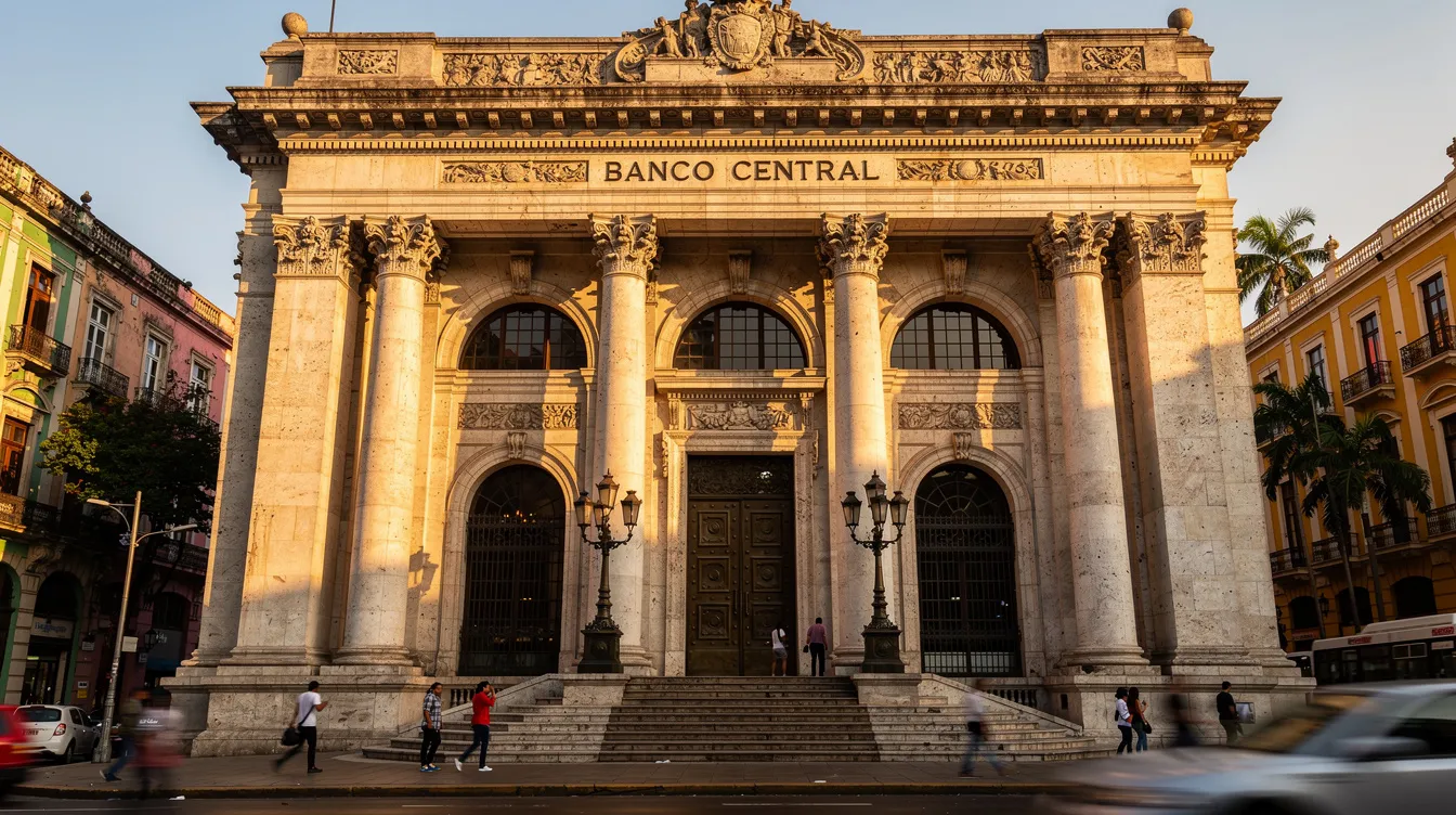The image showcases a grand historic bank building facade featuring classical architecture with tall columns, situated in a vibrant South American city. This impressive structure represents the country's financial system and is likely associated with major financial institutions, reflecting the rich banking landscape of Uruguay.