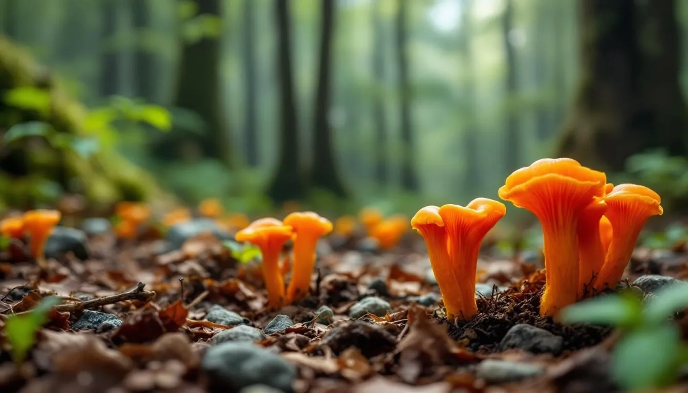 The image depicts fresh cordyceps mushrooms, specifically cordyceps sinensis and cordyceps militaris, thriving in their natural environment. These medicinal mushrooms are known for their health benefits, including immune support and improving respiratory function.