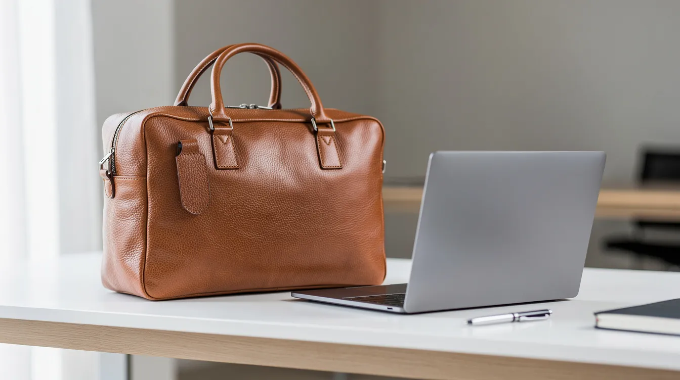 The image features a professional leather work bag elegantly positioned next to a sleek laptop on a clean desk, symbolizing a thoughtful graduation gift idea for recent grads entering the professional world. This classic bag combines durability and style, making it a perfect choice for those embarking on their bright future.