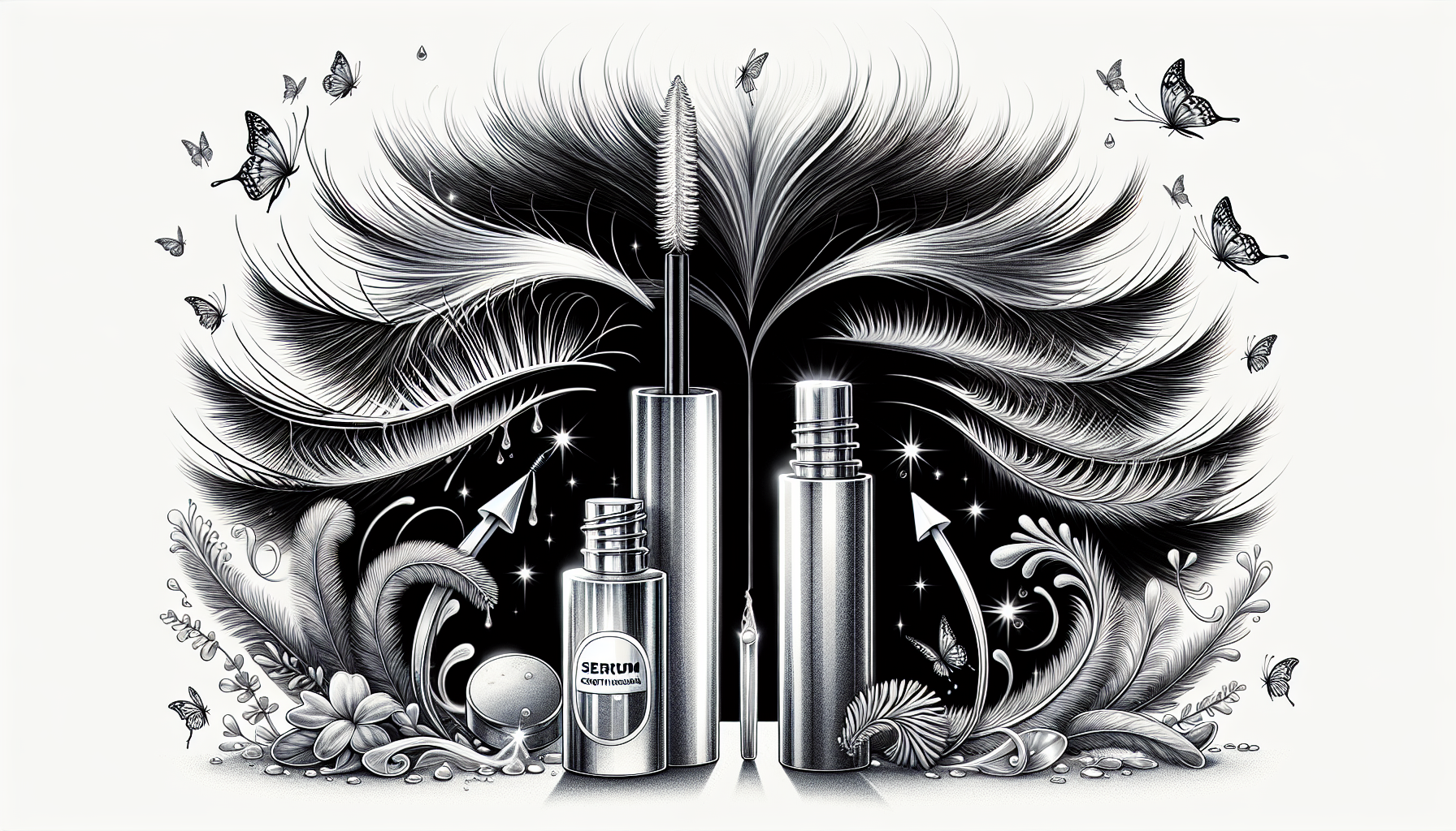 Eine Illustration, die die Unterschiede zwischen Wimpernserum und Growth Mascara zeigt.