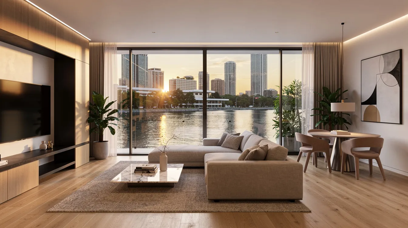 The image showcases a modern luxury apartment interior featuring floor-to-ceiling windows that provide a stunning view of a canal and the city skyline. This elegant space reflects the allure of Dubai's real estate market, making it an attractive option for property investment and high rental yields in prime locations.