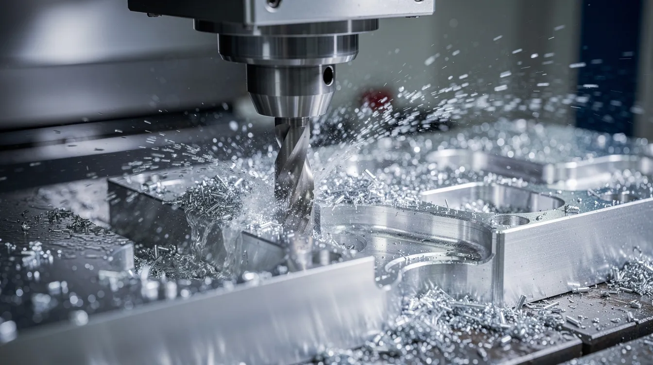 A close-up image of a CNC milling machine is shown, actively cutting an aluminum workpiece with coolant flowing over it, while metal chips scatter around, highlighting the precision machining capabilities of modern CNC technology. This scene illustrates the high-performance machining process commonly used in the CNC machining industry for producing complex parts.