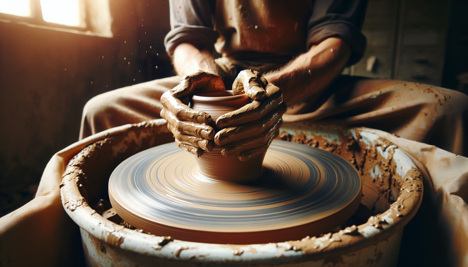Potter shaping clay on a potter's wheel