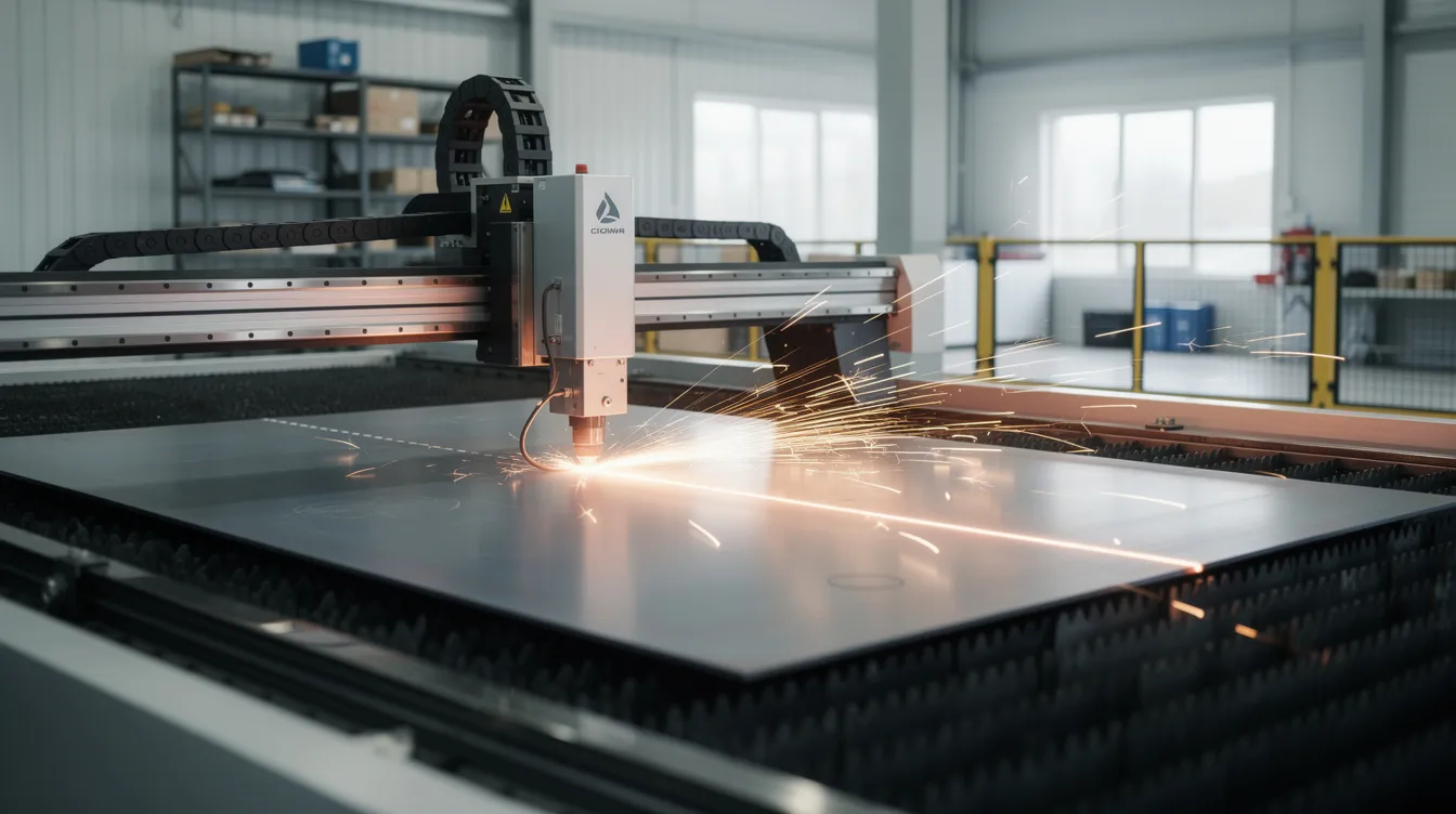 An industrial fiber laser cutting machine is shown processing a flat steel sheet in a modern factory, with sparks flying from the cutting area. The clean environment highlights the precision of the laser cutting process, essential for achieving tight tolerances in sheet metal parts.