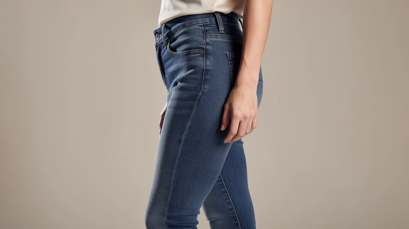 A woman is captured from a side angle wearing fitted denim jeans that highlight her smooth, natural-looking silhouette, emphasizing the aesthetic appeal often sought after in non-surgical butt lift procedures. The image showcases the desired volume and shape of the buttocks area, reflecting the results of non-invasive cosmetic procedures aimed at enhancing body contours.