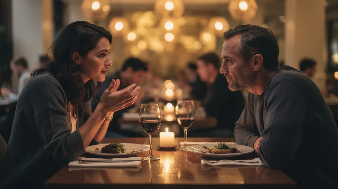 The image depicts two individuals engaged in a meaningful conversation over dinner at a restaurant, showcasing a strong relationship built on mutual respect and open communication. Their body language reflects emotional intimacy and a genuine connection, emphasizing the importance of spending quality time together in a loving relationship.