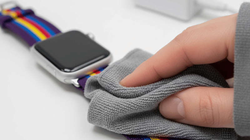A man is wiping the apple watch's Woven nylon gently with a damp cloth.