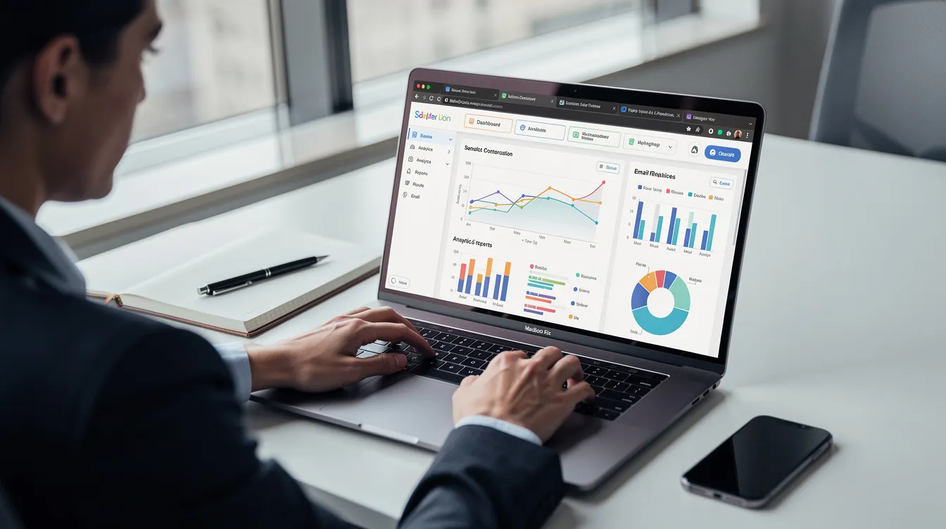 The image depicts a professional seated at a desk, focused on a laptop displaying multiple browser tabs filled with data visualizations, including analytics tools like Google Analytics and Google Search Console. This workspace suggests an active engagement with digital marketing tools, showcasing a blend of technical SEO tasks and content creation strategies.