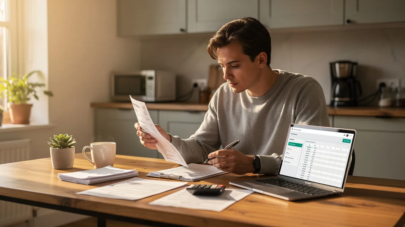 A person is seated at a kitchen table, reviewing financial paperwork while a laptop is open in front of them, likely assessing options for a home equity line of credit, including interest rates and loan amounts. The scene suggests they are preparing to manage their finances, possibly considering debt consolidation or home renovations.